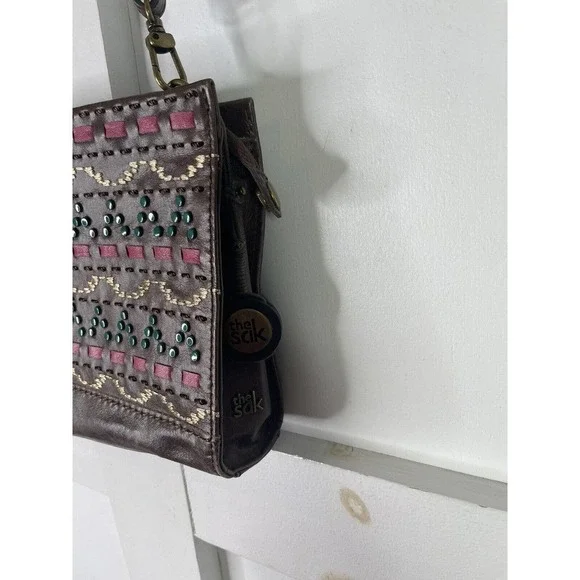 The SAK Crossbody Leather Boho Purse Bag Aztec Tribal Print Pattern Dark Brown - Picture 3 of 9